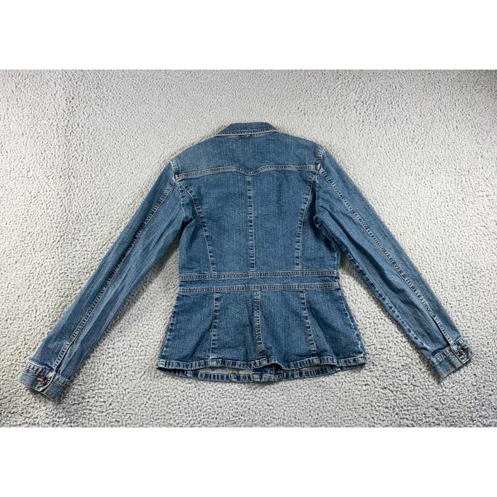 Axcess Denim Jacket Women Medium Blue Stretch Tailored Button Up y2k Peplum Hem - Picture 3 of 10